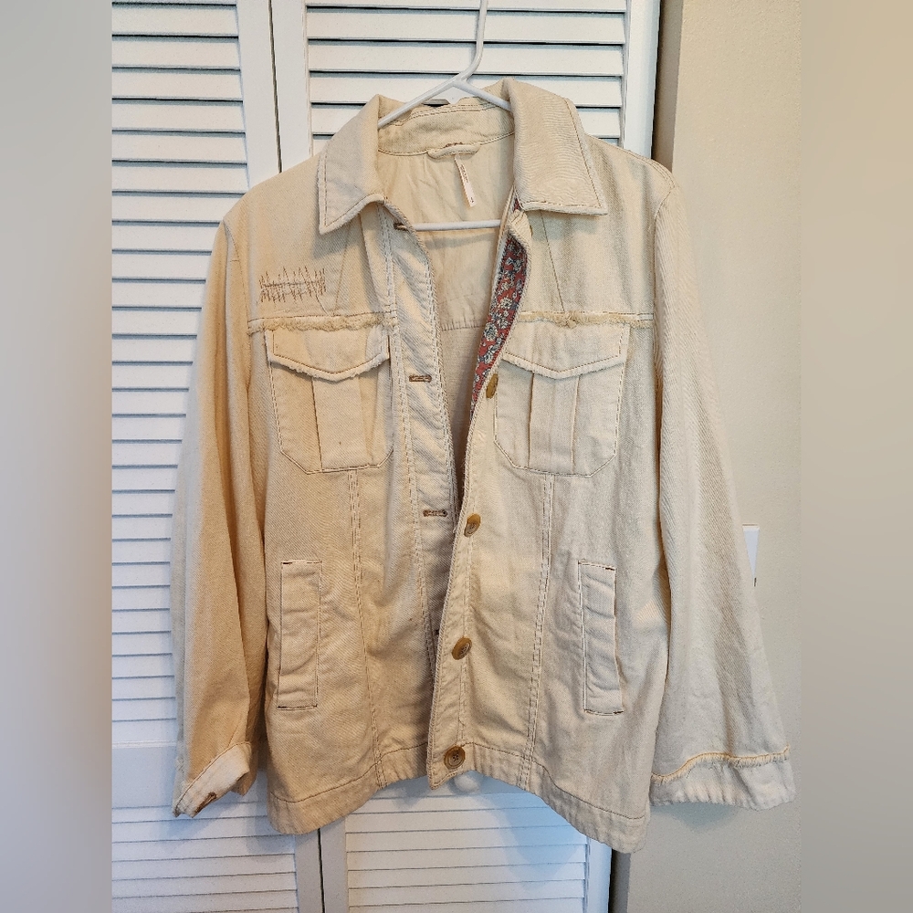 Free People Denim Jacket Long Trucker Wide Sleeves Oversize Distressed size S/P